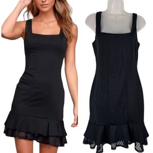 Lulus Black Square-Neck Ruffle Hem Bodycon Dress Size Small